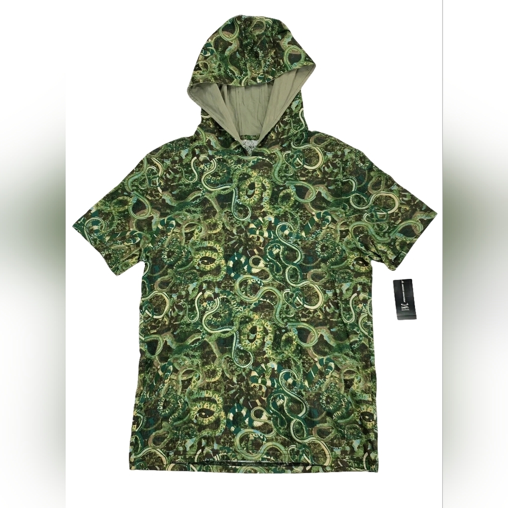INC International Concepts Snake Graphic Hooded T Shirt Green Tea XS NWT BX-3165